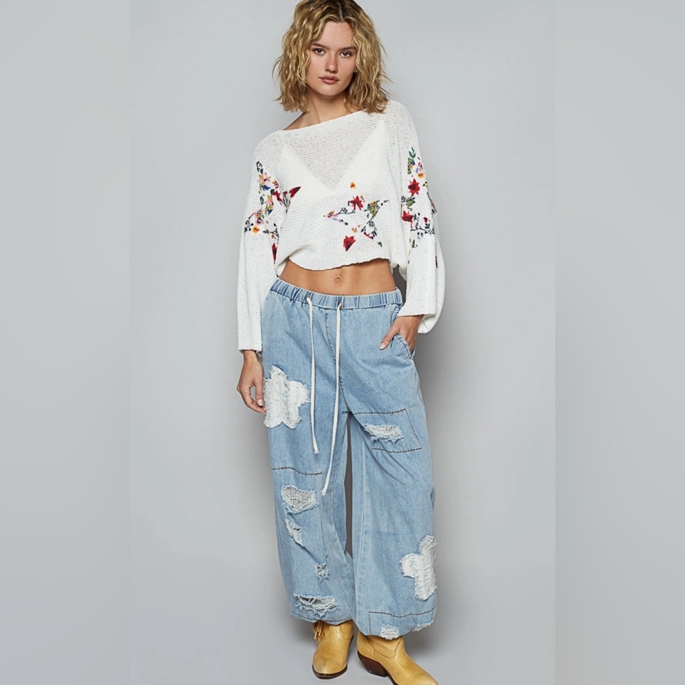 POL Solid Textured Denim Floral Jogger Pants in Size Medium NWOT $88 - Picture 8 of 8